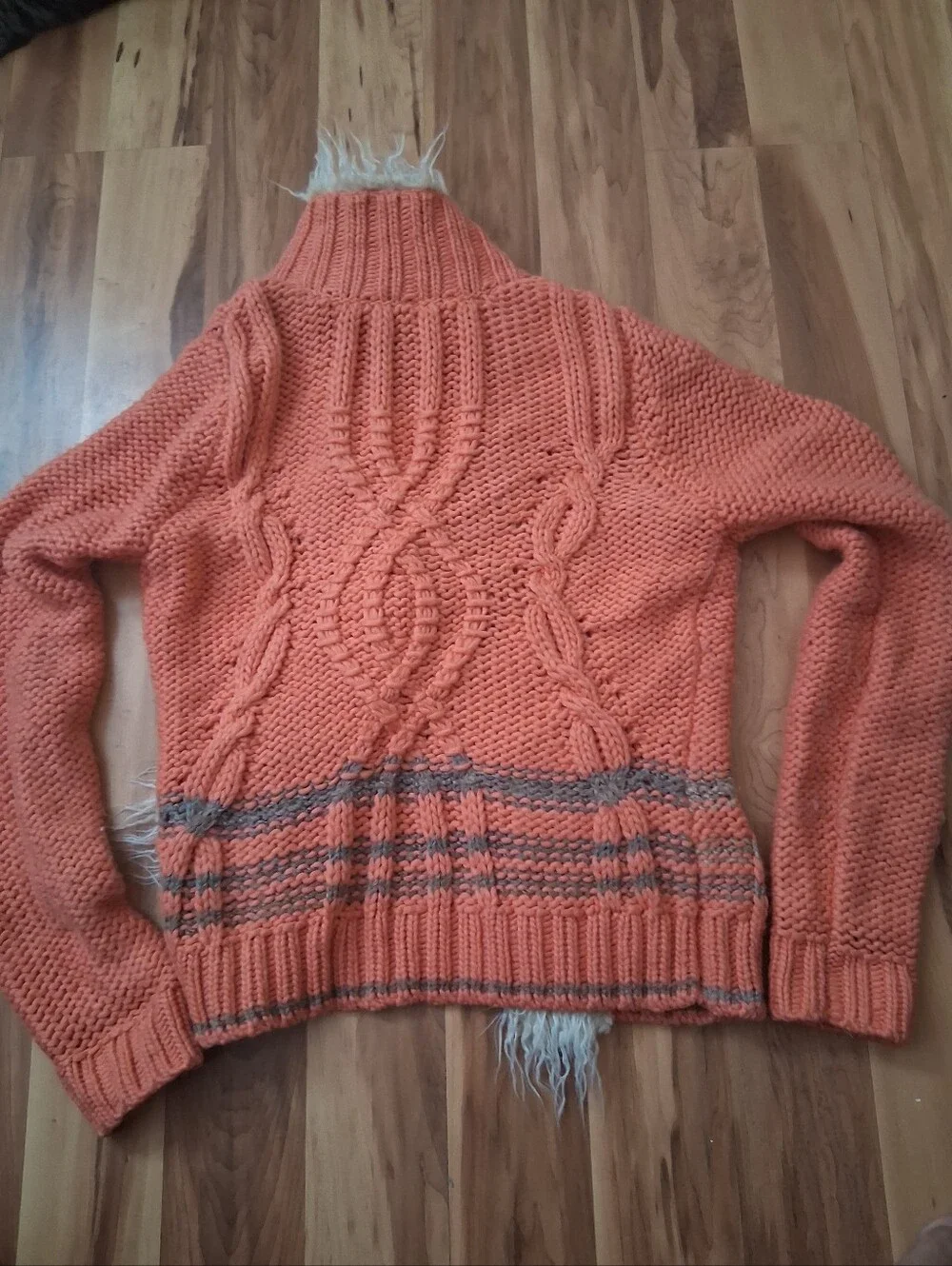 Free People Coral Knit Cardigan with Cream Faux-Fur Trim